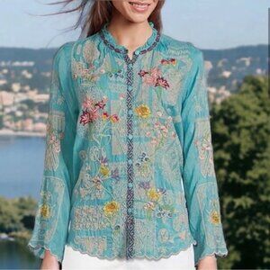 Johnny Was Albee Teal Floral Embroidered Scalloped Long Sleeve Button Blouse